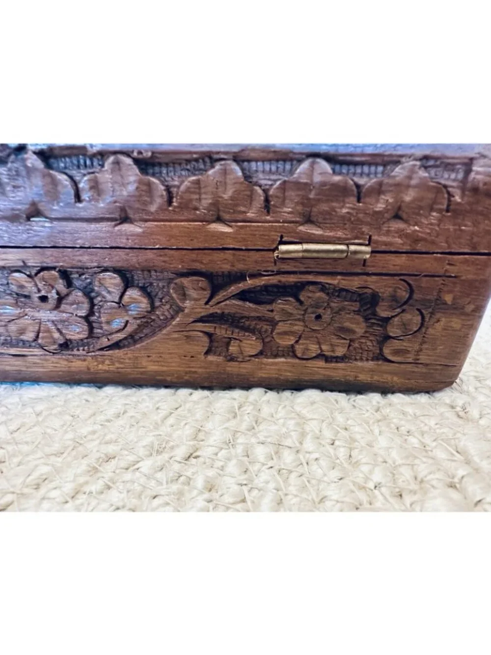 Vintage Carved Wooden Trinket Box Made in India Hinged Lined with Brass Inlay 8”